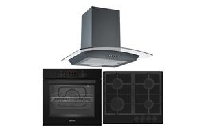Prima Oven  Gas Hob & Curved Glass Chimney Hood Pack - Black